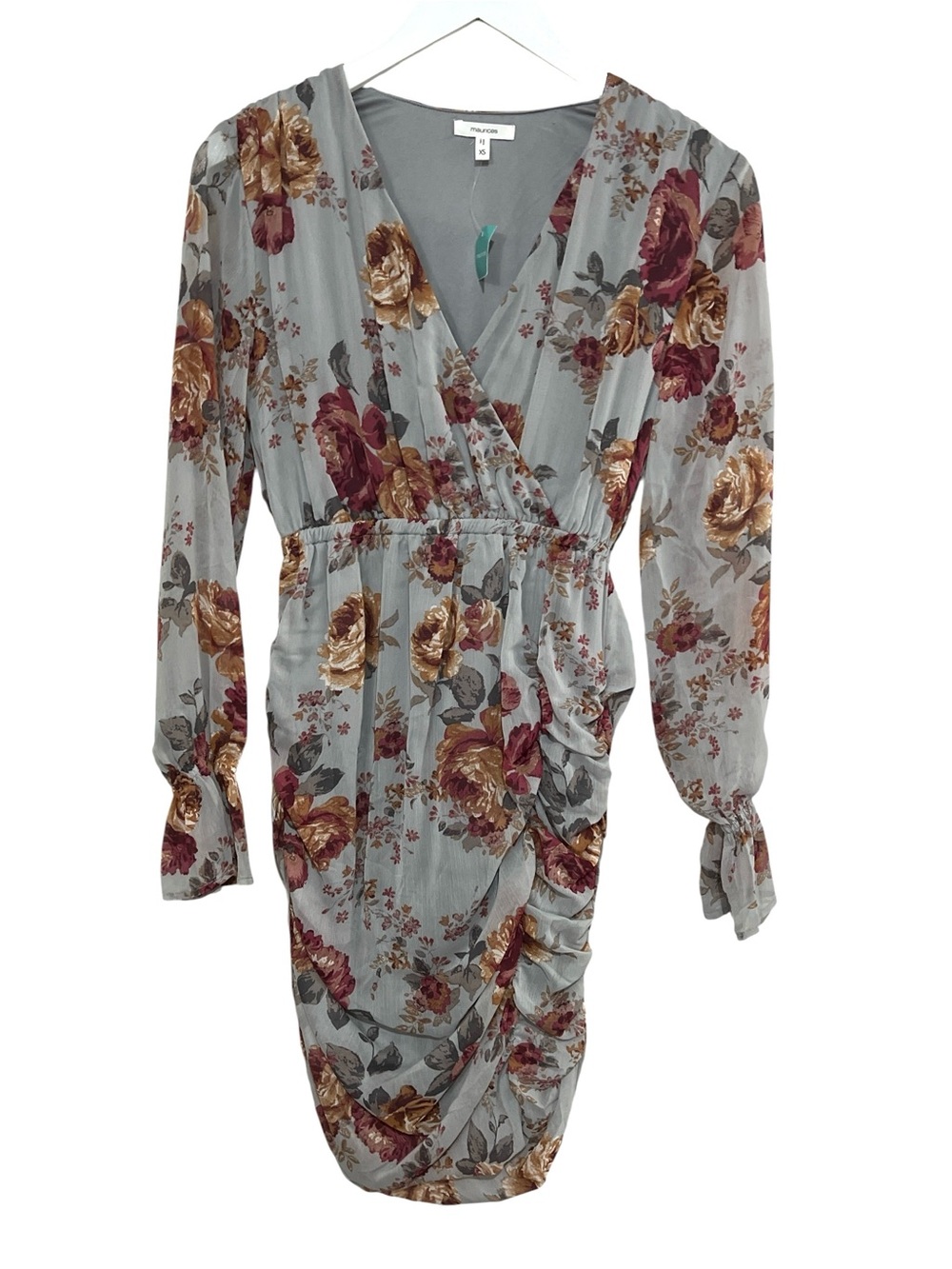 Maurices Gray Floral Chiffon Ruched Long Sleeve Mini Dress XS